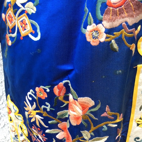 Vintage Esme Chinese Floral Embroidered Royal Blue Kimono Dress Robe Long Coat - Picture 7 of 8